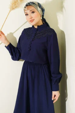 Lace Half Brit Buttoned Skirt Set Navy Blue بالجملة clothing set view 2 - Hicabistan مصنع تركيا