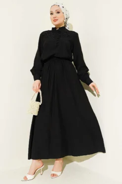 Lace Half Brit Buttoned Skirt Set Black بالجملة clothing set view 2 - Hicabistan مصنع تركيا