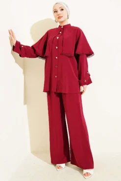 Cloak Detail Two-Piece Set Burgundy