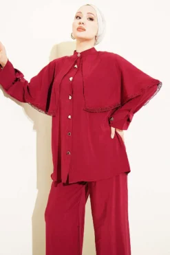 Alternative view of Cloak Detail Two-Piece Set Burgundy