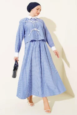 Striped Skirt Set with Chest Pocket Blue بالجملة clothing set - Hicabistan مصنع تركيا