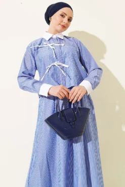 Striped Skirt Set with Chest Pocket Blue بالجملة clothing set view 2 - Hicabistan مصنع تركيا