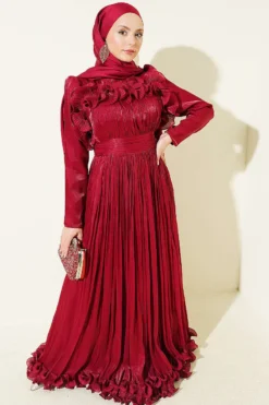 Ruffled Bust Evening Dress Burgundy groothandel dress - Hicabistan Turkije fabriek