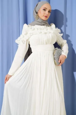 Ruffled Bust Evening Dress Ecru groothandel dress view 2 - Hicabistan Turkije fabriek