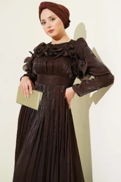 Ruffled Bust Evening Dress Brown groothandel dress view 2 - Hicabistan Turkije fabriek