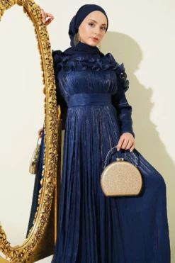 Ruffled Bust Evening Dress Navy Blue groothandel dress view 2 - Hicabistan Turkije fabriek