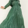 Ruffled Bust Evening Dress Green