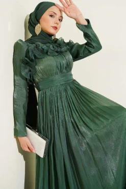 Ruffled Bust Evening Dress Green groothandel dress view 2 - Hicabistan Turkije fabriek