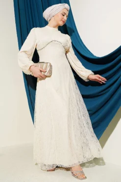 Embellished Lace Evening Dress Beige groothandel dress - Hicabistan Turkije fabriek