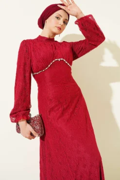 Embellished Lace Evening Dress Burgundy groothandel dress view 2 - Hicabistan Turkije fabriek