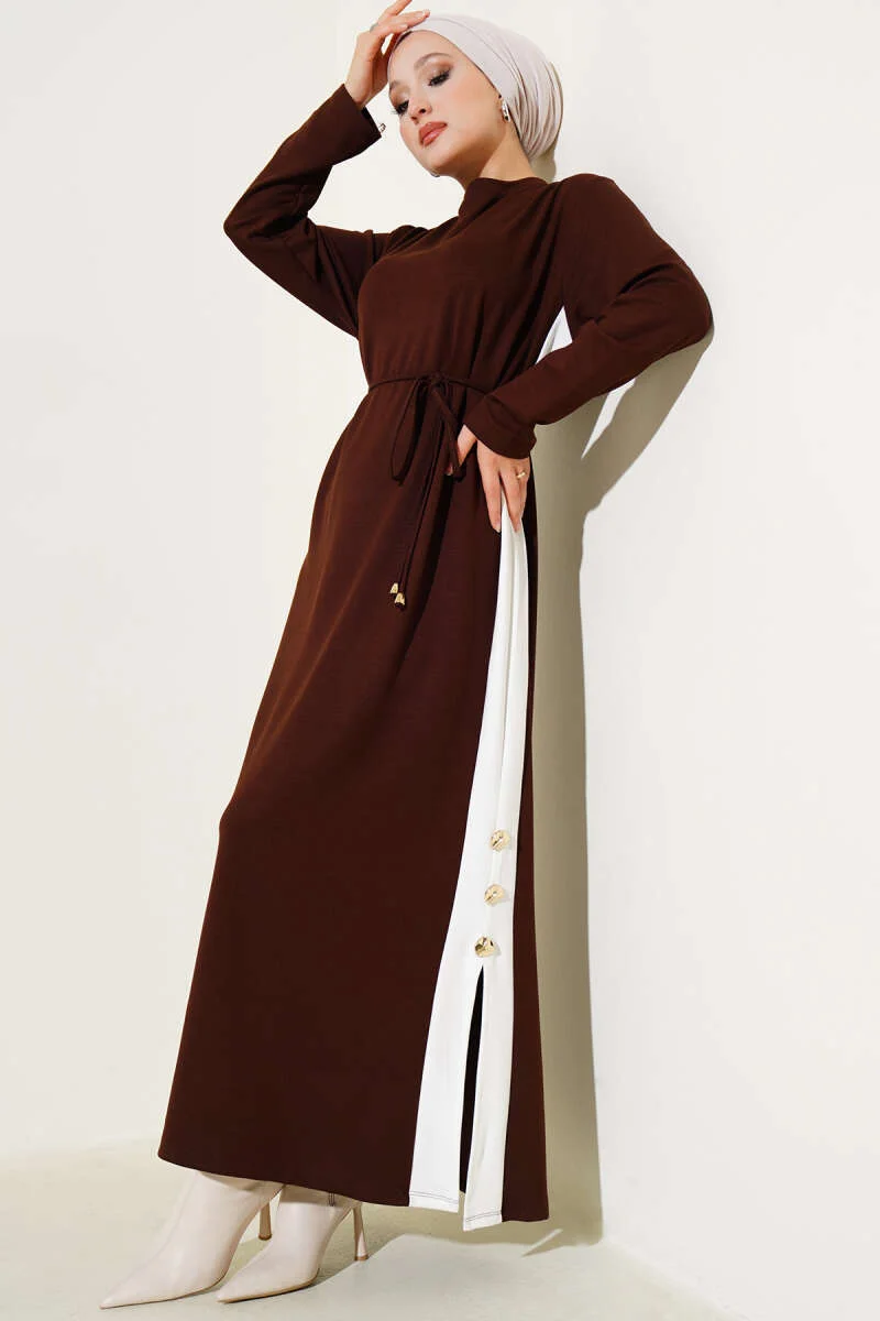 Layered Tie Waist Dress Brown Großhandel dress - Hicabistan Türkei Fabrik