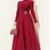 Triangle Stone Detail Draped Tulle Evening Dress Burgundy wholesale dress view 2 - Hicabistan Turkey factory