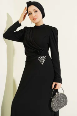 Triangle Stone Detail Draped Tulle Evening Dress Black en gros dress view 2 - Hicabistan usine Turquie
