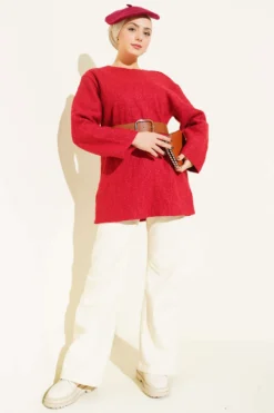 Vista alternativa de Wide Belted Boucle Tunic Red