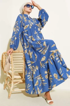 Wide Leaf Pattern Half Button Dress Indigo all'ingrosso dress - Hicabistan fabbrica Turchia