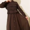 Two-Piece Set with Gathered Blouse and Skirt Brown wholesale clothing set view 2 - Hicabistan Turkey factory