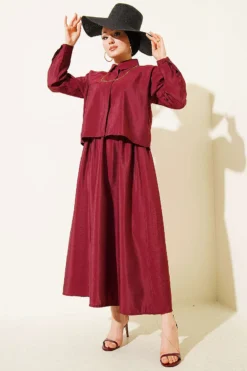 Blouse and Skirt Two-Piece Set Burgundy