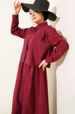 Alternative view of Blouse and Skirt Two-Piece Set Burgundy