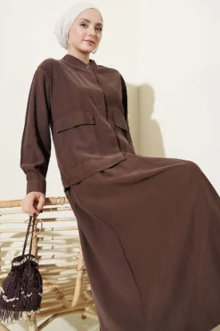 Alternative view of Hidden Button Skirted Tencel Two-Piece Set Brown