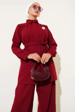 Hidden Button Belted Double Set Burgundy wholesale clothing set view 2 - Hicabistan Turkey factory