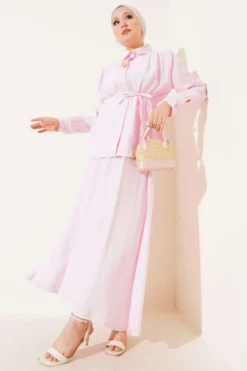 Hidden Button Belted Skirt Set Pink