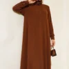 Hidden Button Loose Two-Piece Set Brown wholesale clothing set view 2 - Hicabistan Turkey factory