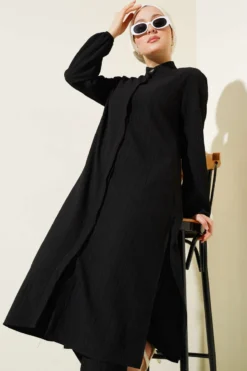Long Tunic Set with Hidden Buttons and Side Slits Black en gros clothing set view 2 - Hicabistan usine Turquie