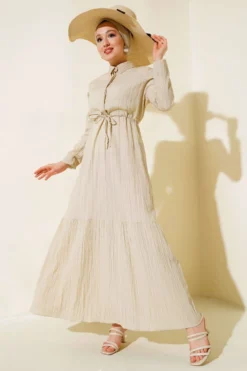 Hidden Half-Button Dress Beige