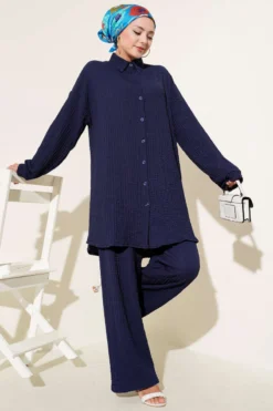 Waffle Pattern Two-Piece Set Navy Blue