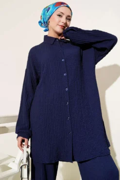 Alternative view of Waffle Pattern Two-Piece Set Navy Blue