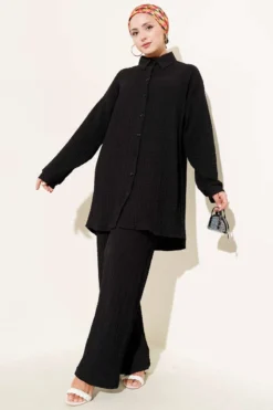 Waffle Pattern Two-Piece Set Black