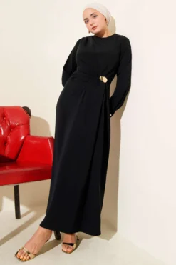 Evening Dress with Gold Accessories Navy Blue Großhandel dress view 2 - Hicabistan Türkei Fabrik