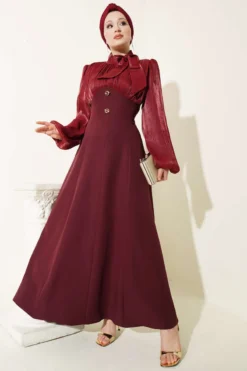 Balloon Sleeve Evening Dress with Gold Accessories Burgundy en gros dress - Hicabistan usine Turquie