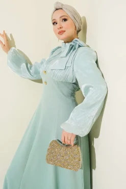 Balloon Sleeve Evening Dress with Gold Accessories Mint al por mayor dress view 2 - Hicabistan fábrica Turquía