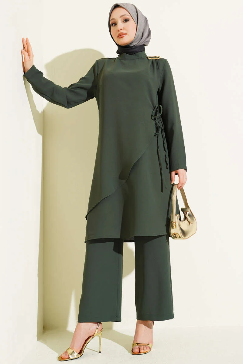 Two-Piece Set with Gold Accessories and Ties Emerald بالجملة clothing set - Hicabistan مصنع تركيا