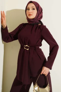 Belted Two-Piece Set with Gold Accents Burgundy all'ingrosso clothing set view 2 - Hicabistan fabbrica Turchia