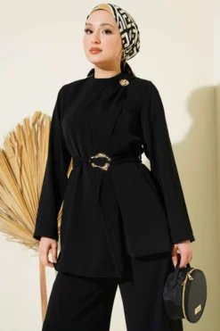 Belted Two-Piece Set with Gold Accents Black all'ingrosso clothing set view 2 - Hicabistan fabbrica Turchia