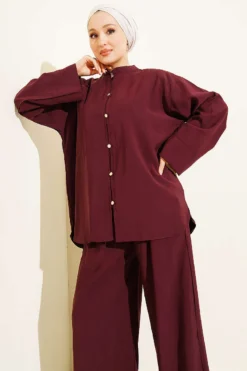 Gold Brit Buttoned Modal Two-Piece Set Burgundy wholesale clothing set view 2 - Hicabistan Turkey factory