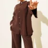 Gold Brit Buttoned Modal Two-Piece Set Brown al por mayor clothing set view 2 - Hicabistan fábrica Turquía