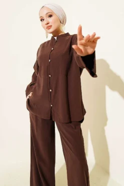 Gold Brit Buttoned Modal Two-Piece Set Brown wholesale clothing set view 2 - Hicabistan Turkey factory