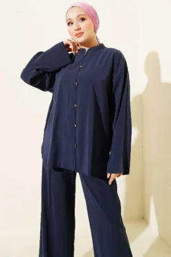 Gold Brit Buttoned Modal Two-Piece Set Navy Blue wholesale clothing set view 2 - Hicabistan Turkey factory