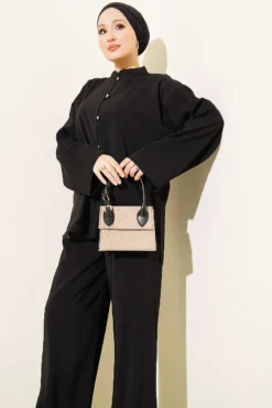 Gold Brit Buttoned Modal Two-Piece Set Black wholesale clothing set view 2 - Hicabistan Turkey factory