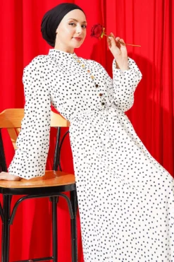 Vista alternativa di Gold Brit Buttoned Polka Dot Dress White
