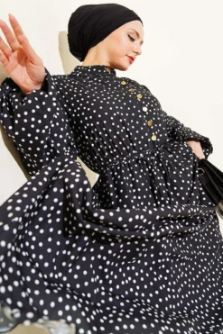 Gold Brit Buttoned Polka Dot Dress Black