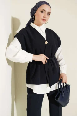 Vest with Brooch Two-Piece Set Navy Blue all'ingrosso clothing set view 2 - Hicabistan fabbrica Turchia