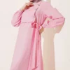 Buttoned Tie Modal Dress Pink Großhandel dress view 2 - Hicabistan Türkei Fabrik