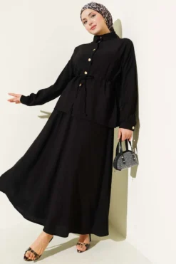Gold Buttoned Waist Tunic Skirt Set Black