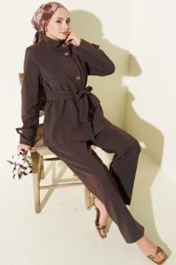 Buttoned Belted Two-Piece Set Brown