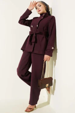 Buttoned Belted Two-Piece Set Plum