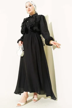 Gold Button Front Ruffled Skirt Set Black